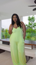 Load image into Gallery viewer, Lime Palazzo JumpsuitLime Palazzo JumpsuitSandiyah&#39;s ClosetGet vacation ready with this this beautiful lime green palazzo jumpsuit. It features spaghetti straps and side pockets and is also a very lightweight, stretchy and s