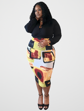 Load image into Gallery viewer, Eboni Matching SetEboni Matching SetSandiyah&#39;s Closet 

Stretch skirt set
Collar
Long sleeve
V-neck
Self-tie strap
High-waisted skirt
Elastic waistband
95% Polyester
5% Spandex
Hand wash cold
Model is wearing a 1X
