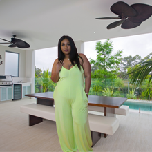 Load image into Gallery viewer, Lime Palazzo JumpsuitLime Palazzo JumpsuitSandiyah&#39;s ClosetGet vacation ready with this this beautiful lime green palazzo jumpsuit. It features spaghetti straps and side pockets and is also a very lightweight, stretchy and s