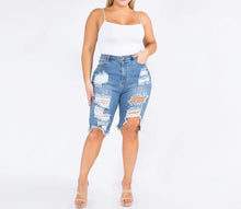 Load image into Gallery viewer, Distressed Denim Bermuda ShortsDistressed Denim Bermuda ShortsSandiyah&#39;s ClosetUpgrade your summer style with our Distressed Denim Bermuda Shorts. Made from premium quality denim, these shorts offer a comfortable fit and a trendy distressed fin