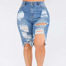 Load image into Gallery viewer, Distressed Denim Bermuda ShortsDistressed Denim Bermuda ShortsSandiyah&#39;s ClosetUpgrade your summer style with our Distressed Denim Bermuda Shorts. Made from premium quality denim, these shorts offer a comfortable fit and a trendy distressed fin